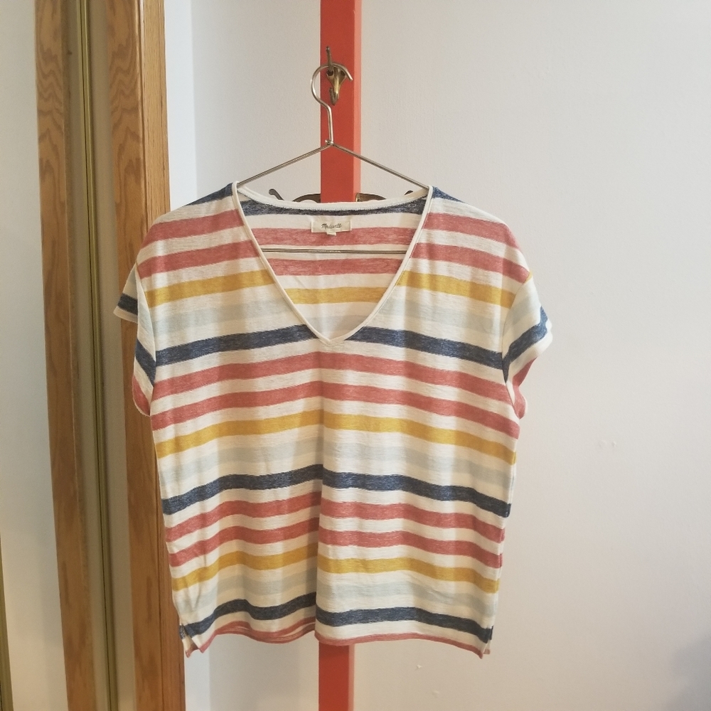 Madewell Striped Short Sleeve V-Neck T-Shirt M Colorful Blue Pink Orange White